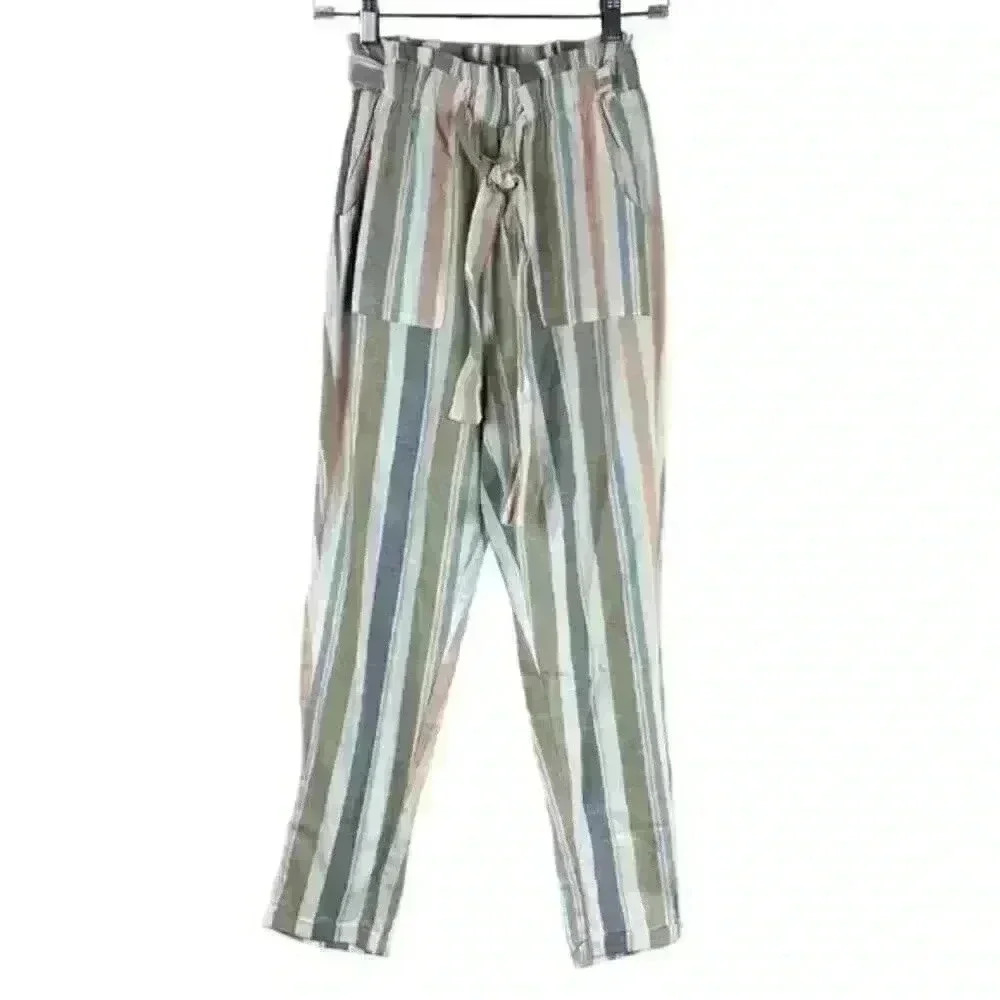 Hot Kiss Striped Elastic Tie Waist Pull-On‎ Pants Size Small Pockets